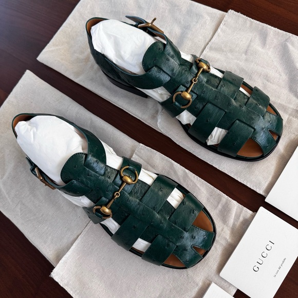 Gucci Exotics Men’s Emerald Green Ostrich Leather Fisherman Sandals Size 10 NWT - Picture 11 of 16